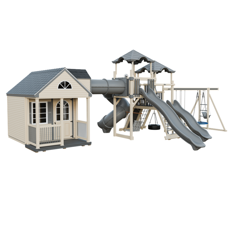 Cottage Escape swing set in almond and gray, front left