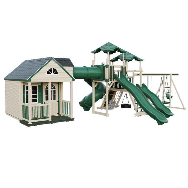 Cottage Escape swing set in almond and green, front left