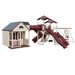 Cottage Escape swing set in almond and red, front left
