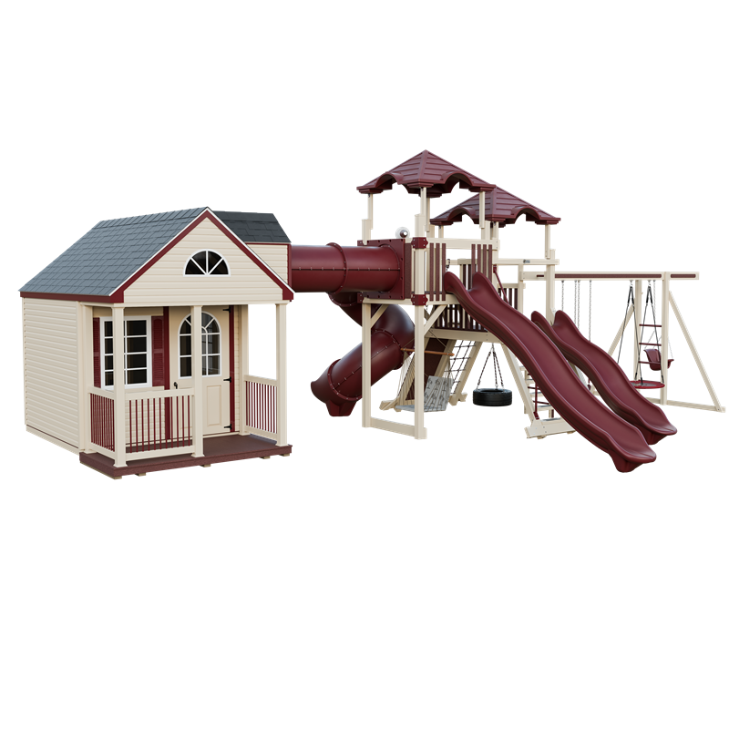 Cottage Escape swing set in almond and red, front left