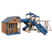 Cottage Escape swing set in wood grain and blue, front left