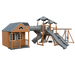 Cottage Escape swing set in wood grain and gray, front left