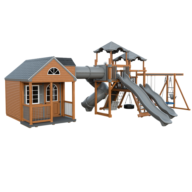 Cottage Escape swing set in wood grain and gray, front left