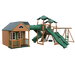 Cottage Escape swing set in wood grain and green, front left