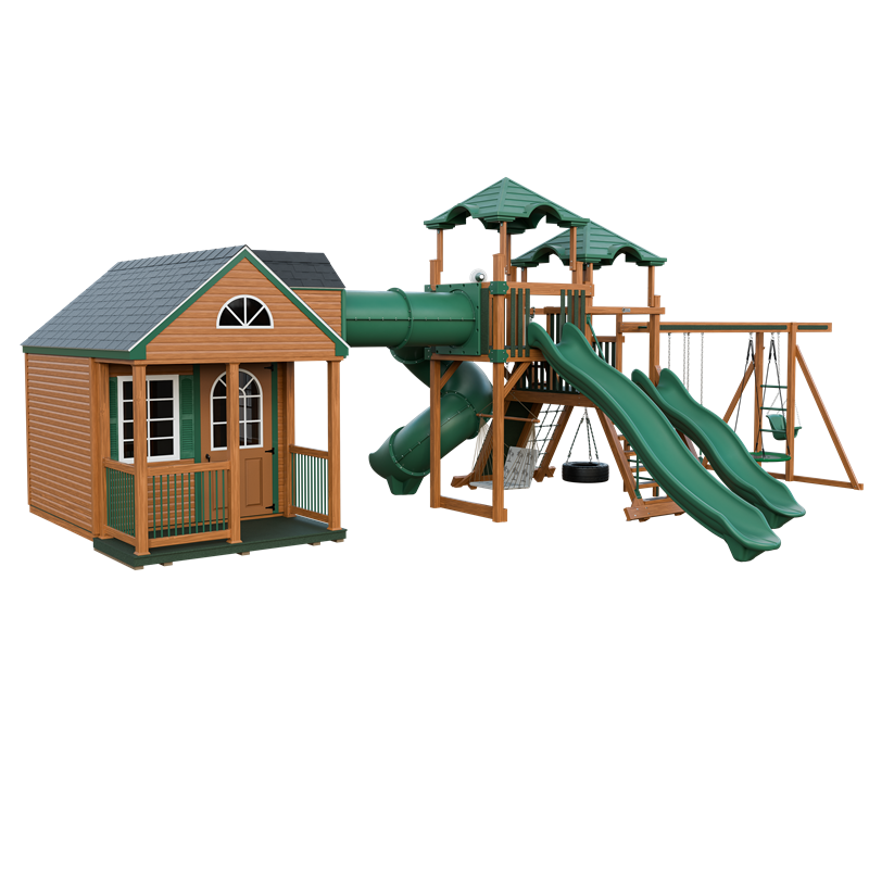 Cottage Escape swing set in wood grain and green, front left