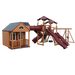 Cottage Escape swing set in wood grain and red, front left