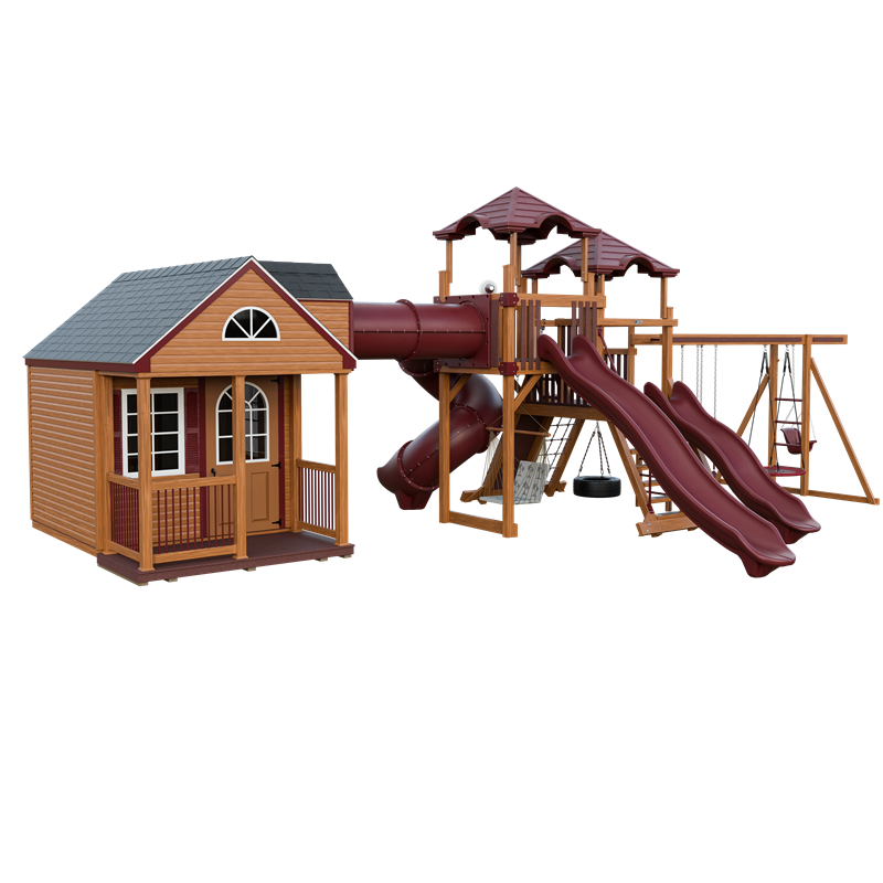 Cottage Escape swing set in wood grain and red, front left