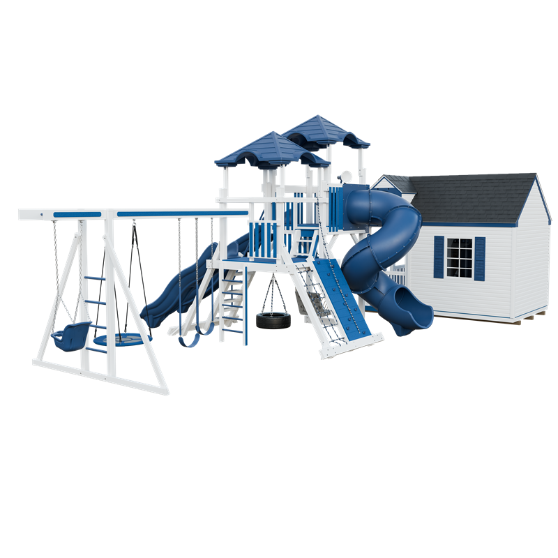 Cottage Escape swing set in white and blue, back left