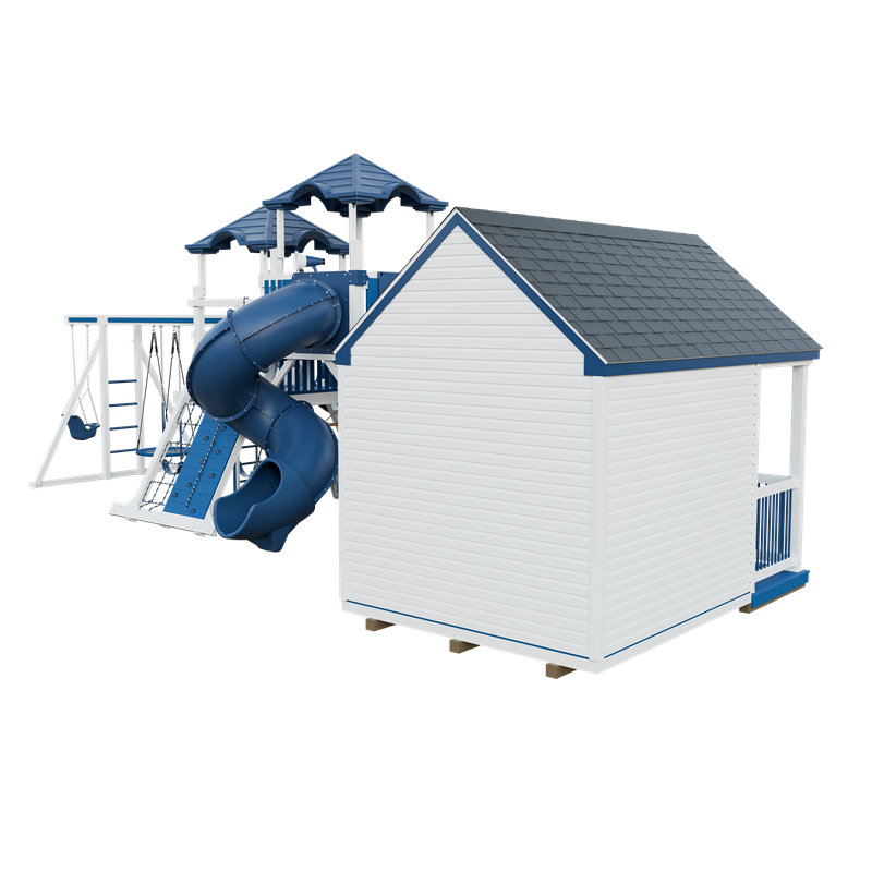 Cottage Escape swing set in white and blue, back right