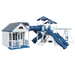 Cottage Escape swing set in white and blue, front left