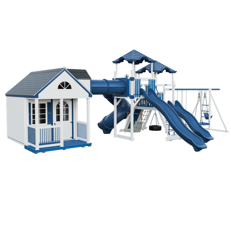 Cottage Escape swing set in white and blue, front left