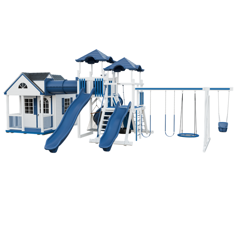 Cottage Escape swing set in white and blue, front right