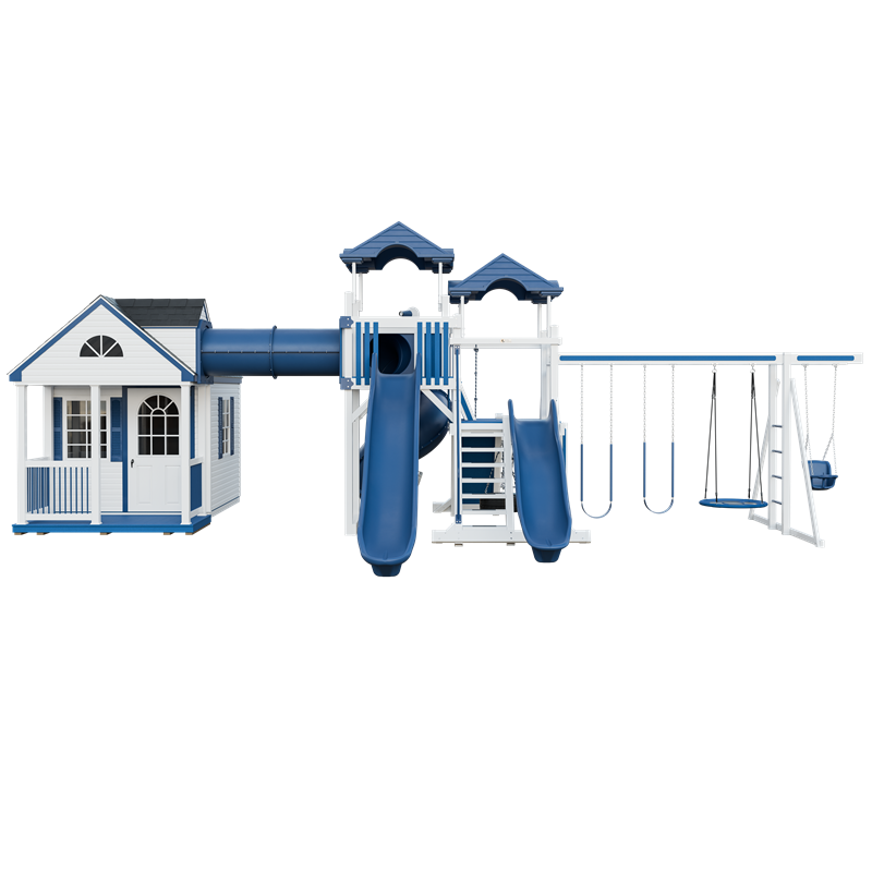 Cottage Escape swing set in white and blue, front