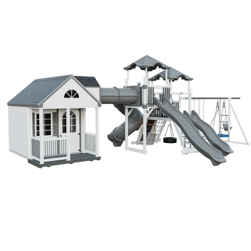 Cottage Escape swing set in white and gray, front left