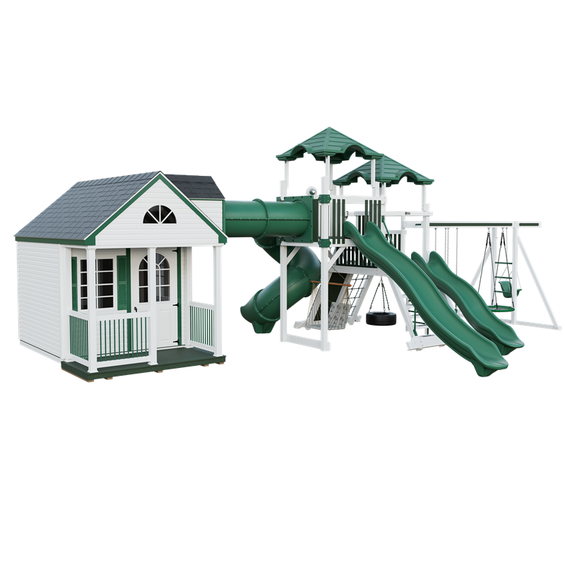 Cottage Escape swing set in white and green, front left