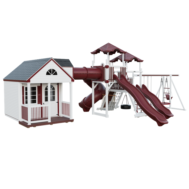Cottage Escape swing set in white and red, front left