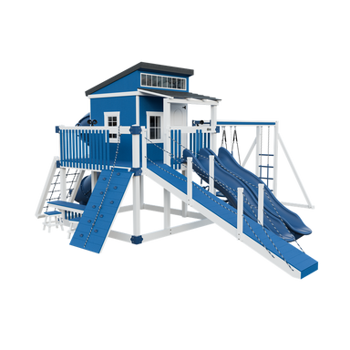 Kingdom Lodge Deluxe swing set in white and blue, front left