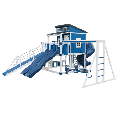 Kingdom Lodge Deluxe swing set in white and blue, front right