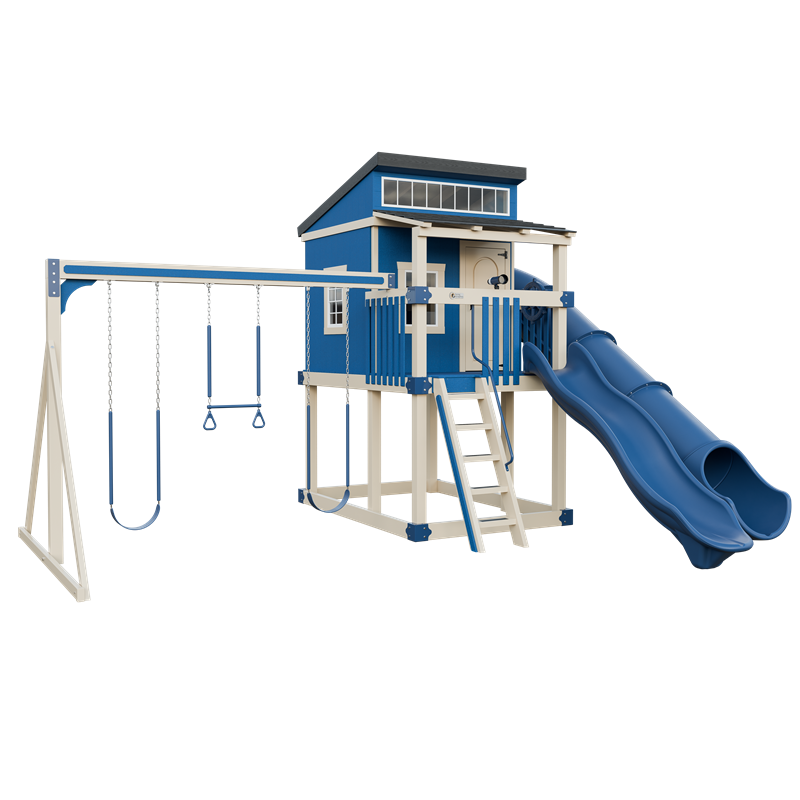 Kingdom Lodge swing set in almond and blue, front left