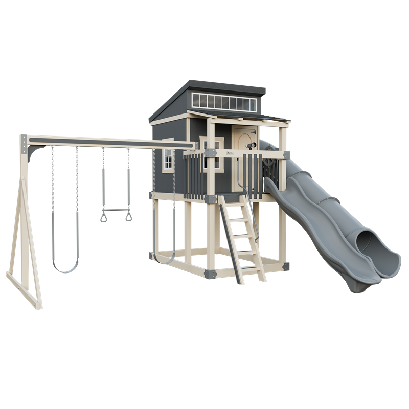 Kingdom Lodge swing set in almond and gray, front left