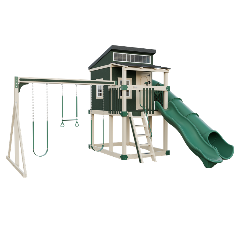 Kingdom Lodge swing set in almond and green, front left