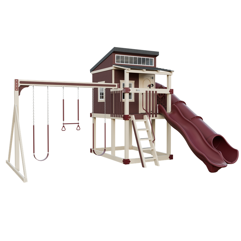 Kingdom Lodge swing set in almond and red, front left