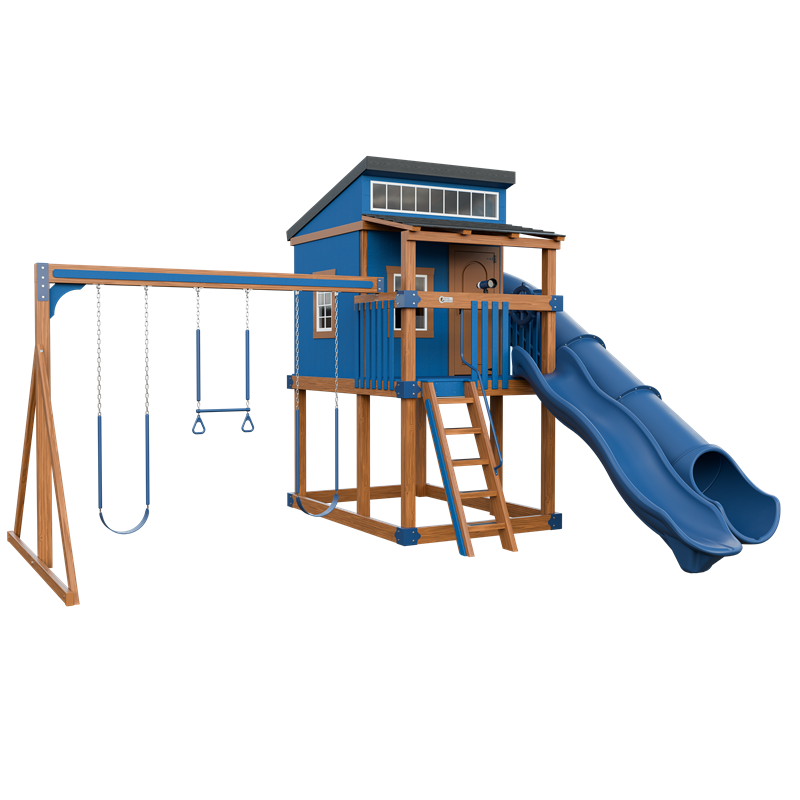 Kingdom Lodge swing set in wood grain and blue, front left