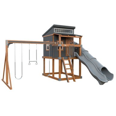 Kingdom Lodge swing set in wood grain and gray, front left