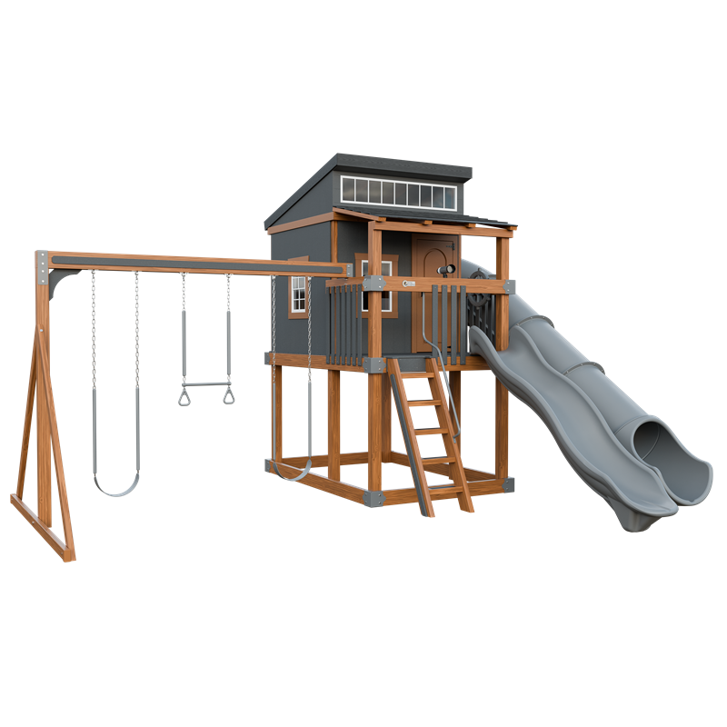 Kingdom Lodge swing set in wood grain and gray, front left