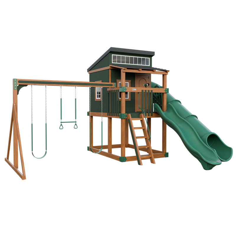 Kingdom Lodge swing set in wood grain and green, front left