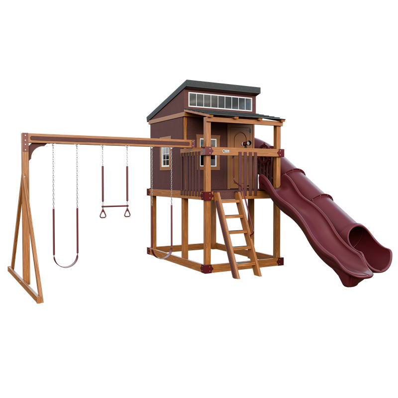 Kingdom Lodge swing set in wood grain and red, front left