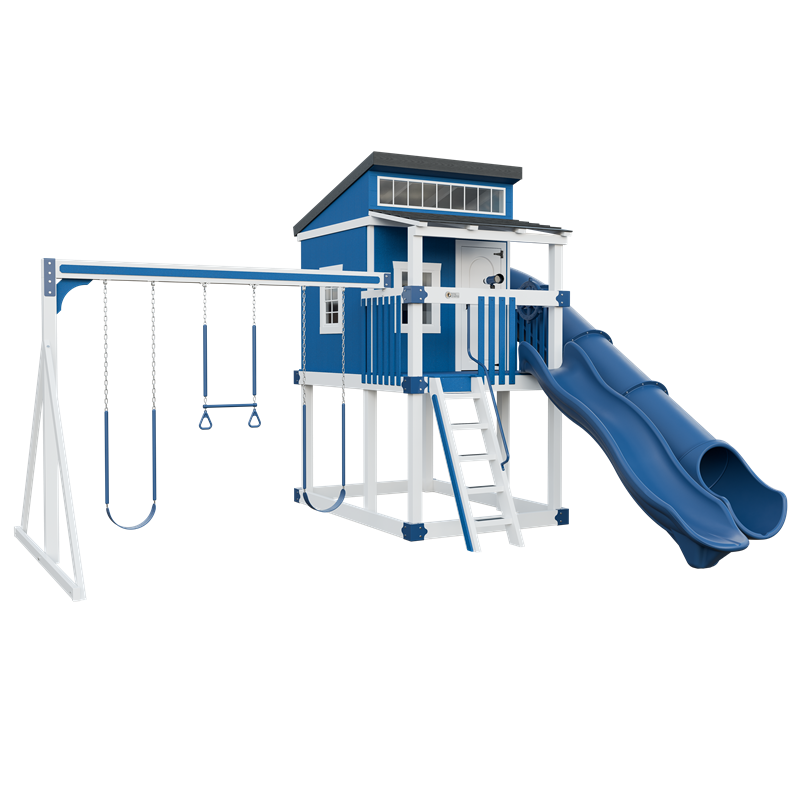 Kingdom Lodge swing set in white and blue, front left