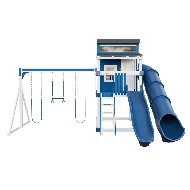 Kingdom Lodge swing set in white and blue, front