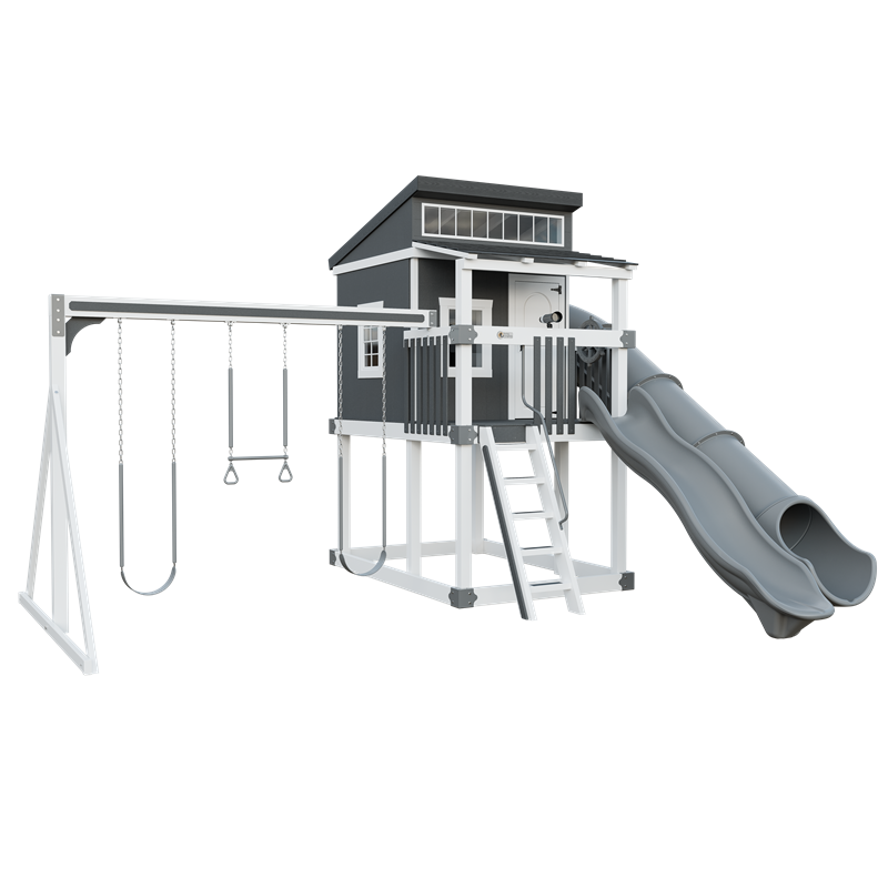 Kingdom Lodge swing set in white and gray, front left