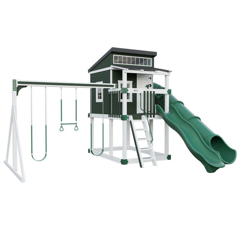 Kingdom Lodge swing set in white and green, front left