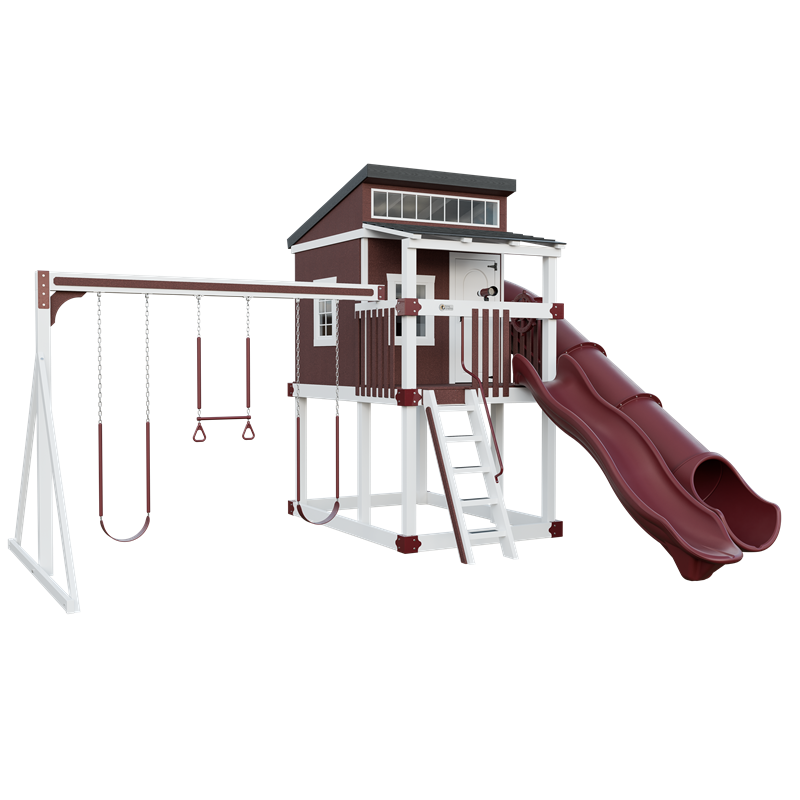 Kingdom Lodge swing set in white and red, front left