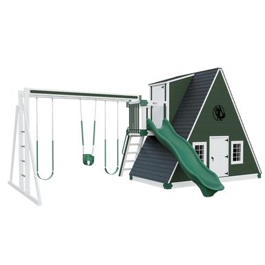 Alpine Retreat swing set in white and green, front left