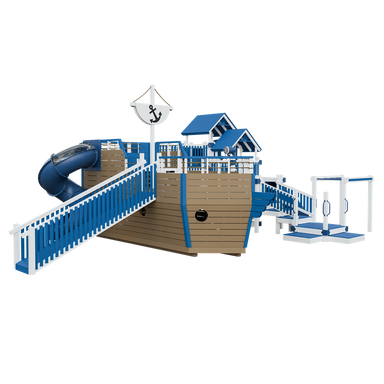 Buccaneer swing set in white and blue, front left