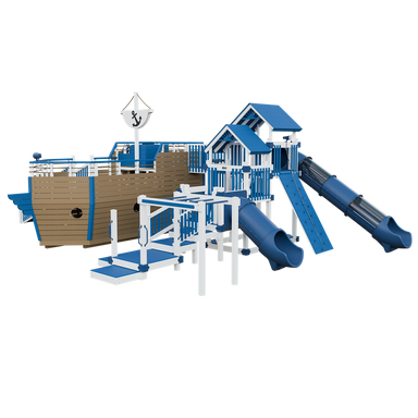 Buccaneer swing set in white and blue, front right