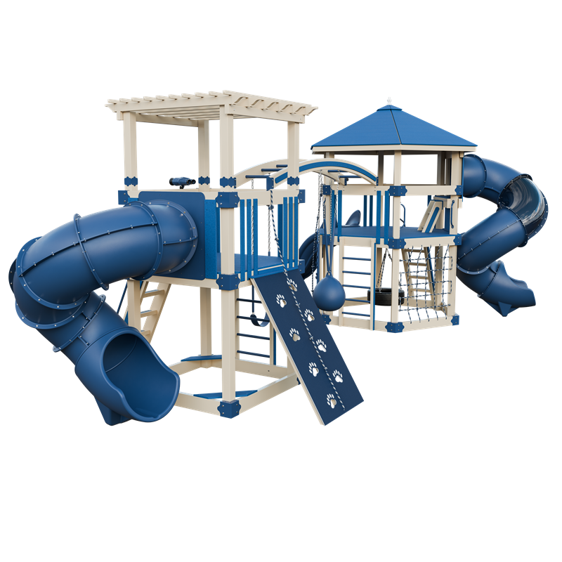 Explorer swing set in almond and blue, back left