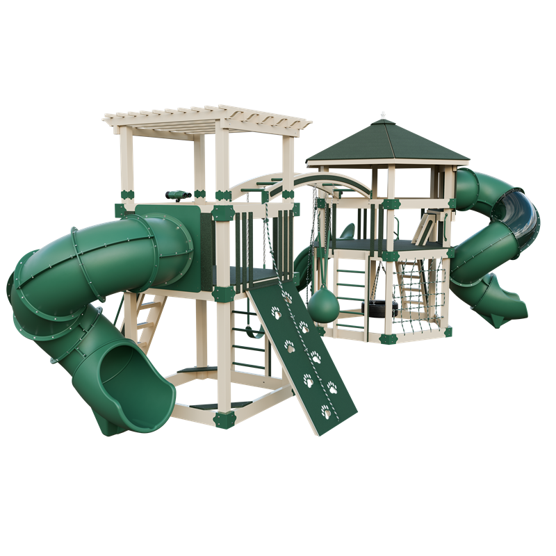 Explorer swing set in almond and green, back left