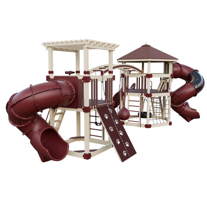 Explorer swing set in almond and red, back left