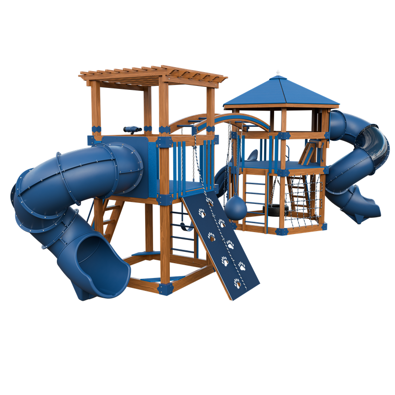 Explorer swing set in wood grain and blue, back left