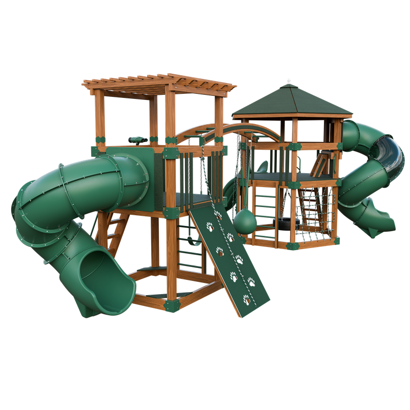 Explorer swing set in wood grain and green, back left