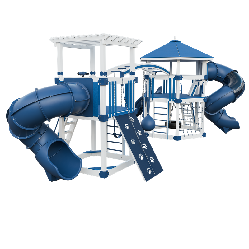 Explorer swing set in white and blue, back left