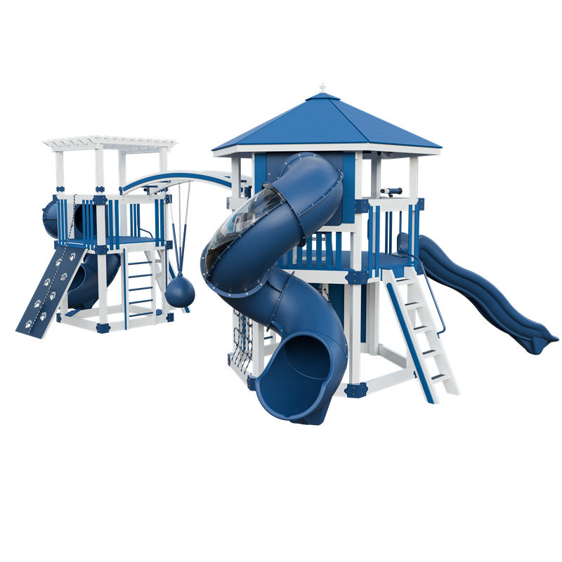 Explorer swing set in white and blue, back right