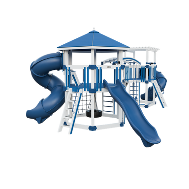 Explorer swing set in white and blue, front left