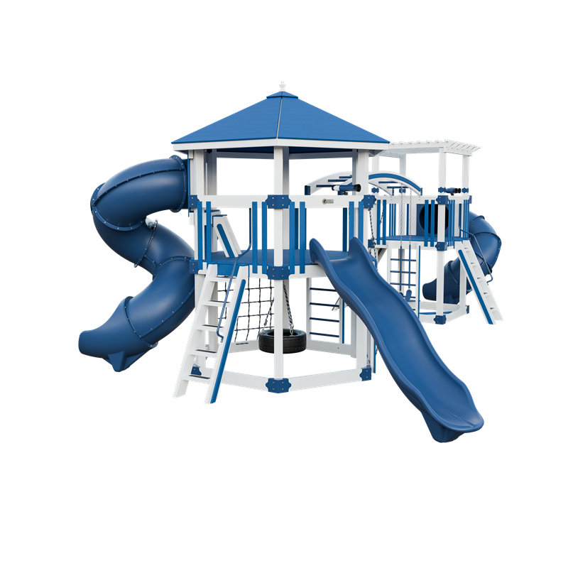 Explorer swing set in white and blue, front left