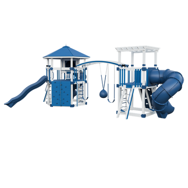 Explorer swing set in white and blue, front right