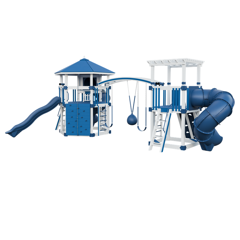 Explorer swing set in white and blue, front right